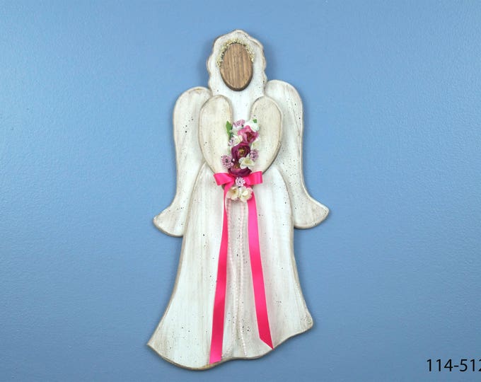 Angel, Modern Farmhouse Decor, Country Angel,  Distressed Wood Angel, Pink Roses with Pink Ribbon Angel,  Wall hanging Angel, Rustic Angel