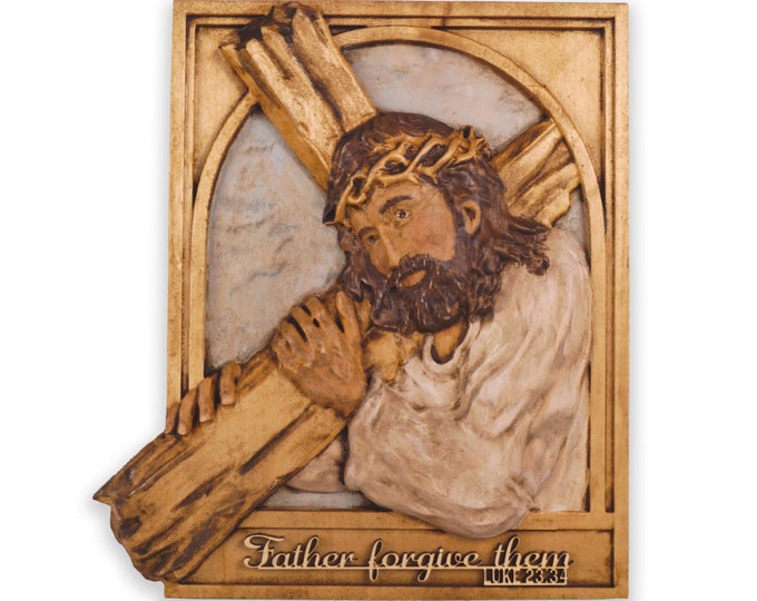 Jesus Christ holding the cross, 3D Carved Jesus with cross,  Hand Painted Christian Art, Scripture Decor, Minister Gift, Christian Decor