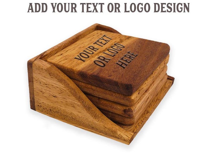 Personalized Handmade Acacia Wood Coasters:  Set of Four Coasters with tray, Many designs available