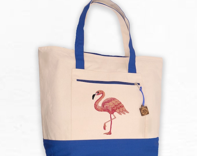 Flamingo Tote Bag with Zip Top and Zip pocket, Large Canvas Tote, Handbag, Shoulder Bag, Purse, Beach Bag, Camp Tote, Large Purse, Flamingo