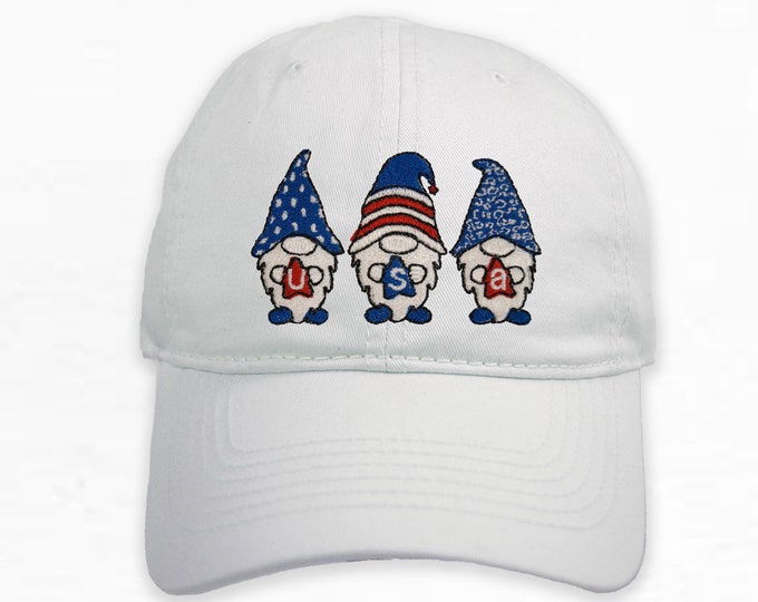 Gnomes USA Hat, Personalized Hat Gnomes holding USA Stars design,  Soft Structure Hat, Personalized Cap, Dad Hat, Gift for Her, Gift for Him