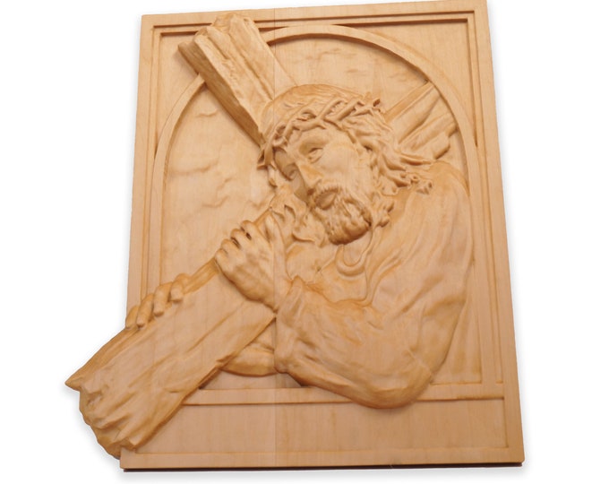Jesus Christ holding the cross, 3D Carved Jesus with cross,  Hand Painted Religious Art, Christian Scripture Art