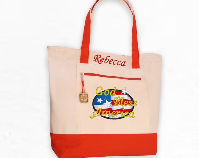 Personalized Tote, God Bless America Tote Bag with Zip Top and Zip pocket, Large Canvas Tote, Shoulder Bag, Purse, Beach Bag, Tote