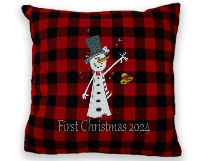 Snowman Buffallo Plaid Throw Pillow, Snowman, Embroidered Pillow, Christmas Cushion, Christmas Decor, Personalized, Christmas Gift