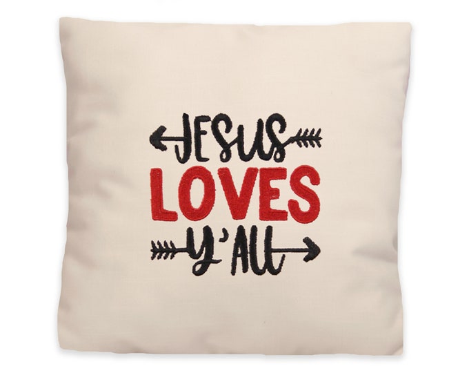 Jesus Loves Y'all Throw Pillow, Christian Decor, Embroidered Pillow, Cushions, Gift for Minister, Housewarming Gift, Wedding Gift