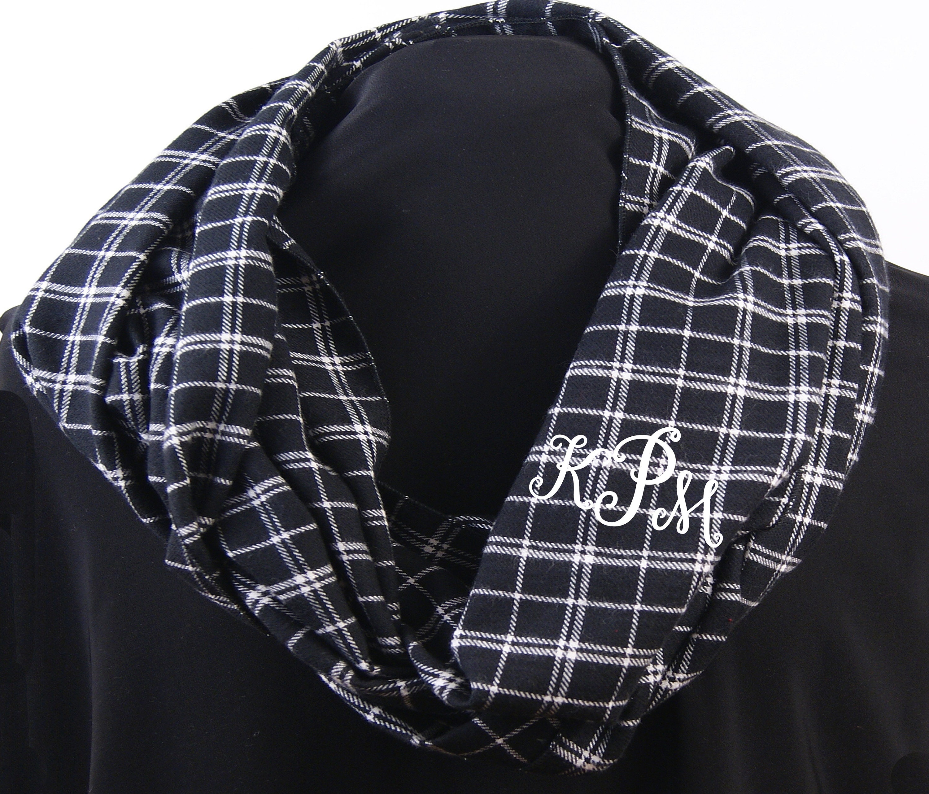 Monogrammed Infinity Scarf, Monogrammed Scarf, Black and White Plaid