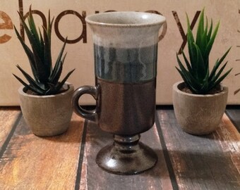 Vintage Otagiri Stoneware Pedestal Mug, Mid Century Coffee Mug, 5.5 inches tall, Blue, Gray, Brown