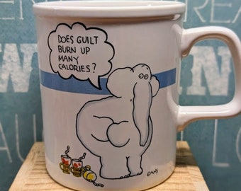 Vintage Eli the Elephant  Coffee Mug by Harry Gans, Enesco Japan, "Does Guilt Burn Up Calories?" 1984, Coffee Lovers Gift, Cartoon Mug