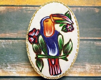 Vintage Suede Trinket or Jewelry Box, Hand Painted Toucan, Tabasco, Mexico