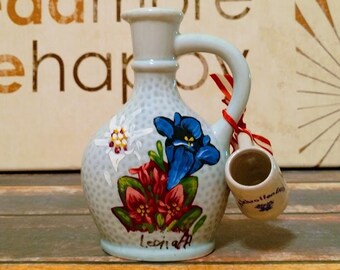 Vintage Schroffen Enzian Austrian Mini Liquor Jug, Hand Painted Ceramic Collectible Bavarian Miniature Bottle, Made in Bad Haring, Tyrol