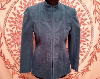 Vintage Womens Blue Faux Suede Blazer Jacket  Mandarin Collar, Greek Key Motif, Size XS/SM Custom Made by PT Princeton Tailors, Hong Kong