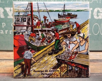 Vintage Portuguese Ceramic Tile, Fishing boats, village scene Descarga da Sardinha Portugal