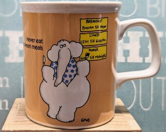 Vintage Eli the Elephant  Coffee Mug by Harry Gans, Enesco Japan, "Never Eat Between Meals" 1984, Coffee Lovers Gift, Cartoon Mug