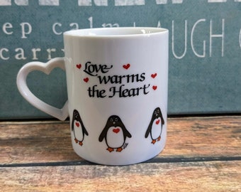 Vintage George Good Message Mug, "Love Warms The Heart," Cute Penguins, 1980's stuff, friendship mug