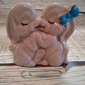 Vintage Porcelain Kissing Bunnies Figurine, Made in Japan, Kissy Face Bunnies, Kitschy Mid Century decor, Collectible Knick Knacks image 1