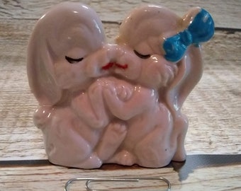 Vintage Porcelain Kissing Bunnies Figurine, Made in Japan, Kissy Face Bunnies, Kitschy Mid Century decor, Collectible Knick Knacks