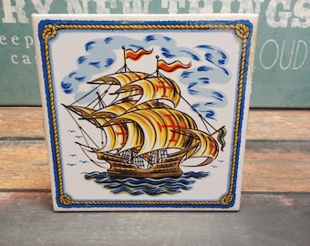 Vintage painted ceramic tile, Portuguese Caravel Ship