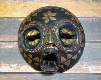 Vintage African Ghana Ashanti Mask, Carved Wood Primitive, Rustic Tribal Mask