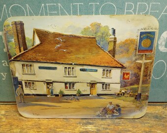 Vintage Cork Backed Hot Pads Bert Pugh, UK Pub art, Yalding, Maidenhead, Addington, Westerham, Kent England, UK collectibles