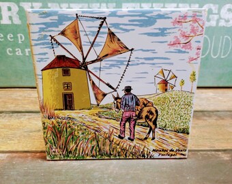 Vintage Portuguese Windmills Painted Ceramic Tile