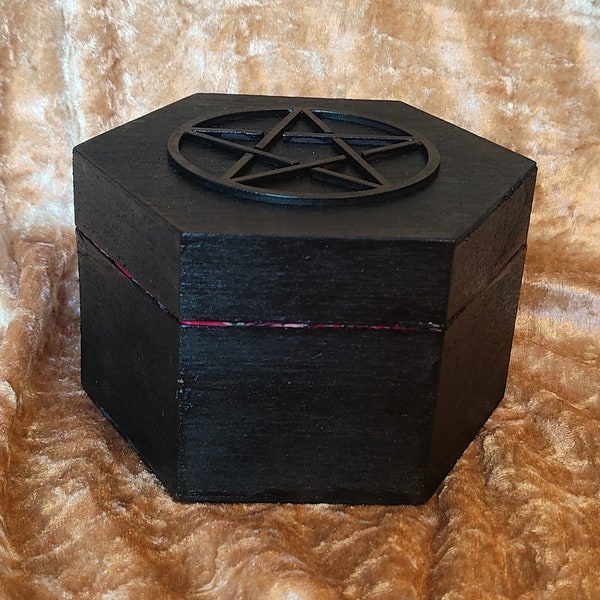 Black Satin Effect Hexagon Witch Box - Choice of Pentacle - Gold or Black - Occult - Curio - Esoteric - Pagan - Wiccan