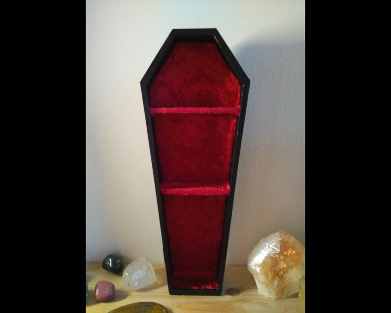 Handmade Miniature Red Velvet Lined Coffin Display Shelf Alternative Goth Death Decor Samhain image 1