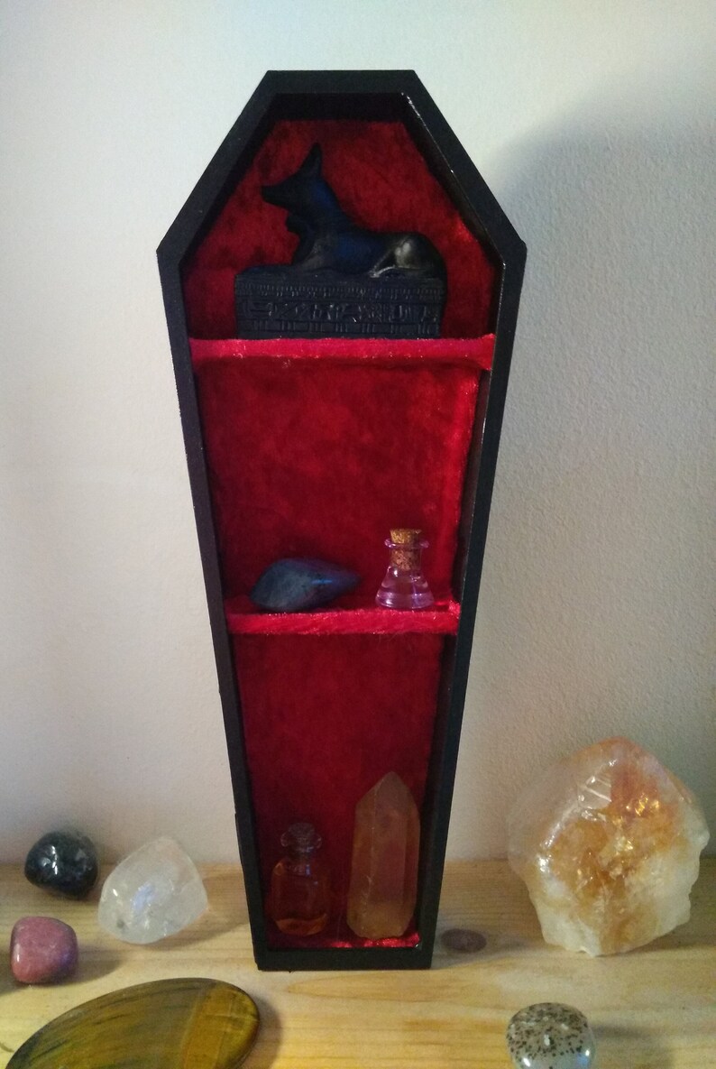 Handmade Miniature Red Velvet Lined Coffin Display Shelf Alternative Goth Death Decor Samhain image 2