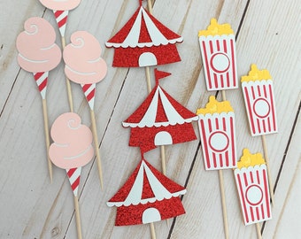 Circus Cupcake Toppers, Carnival Cupcake Toppers, Tent, Cotton Candy, Popcorn, Cupcake Toppers