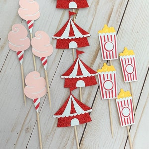 Circus Cupcake Toppers, Carnival Cupcake Toppers, Tent, Cotton Candy, Popcorn, Cupcake Toppers image 1