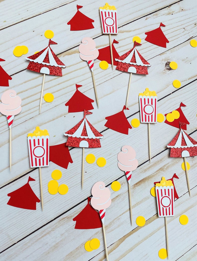 Circus Cupcake Toppers, Carnival Cupcake Toppers, Tent, Cotton Candy, Popcorn, Cupcake Toppers image 3