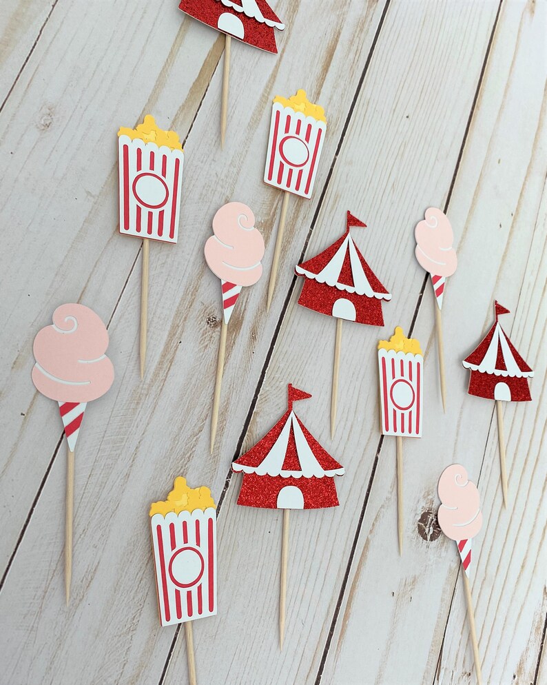 Circus Cupcake Toppers, Carnival Cupcake Toppers, Tent, Cotton Candy, Popcorn, Cupcake Toppers image 5