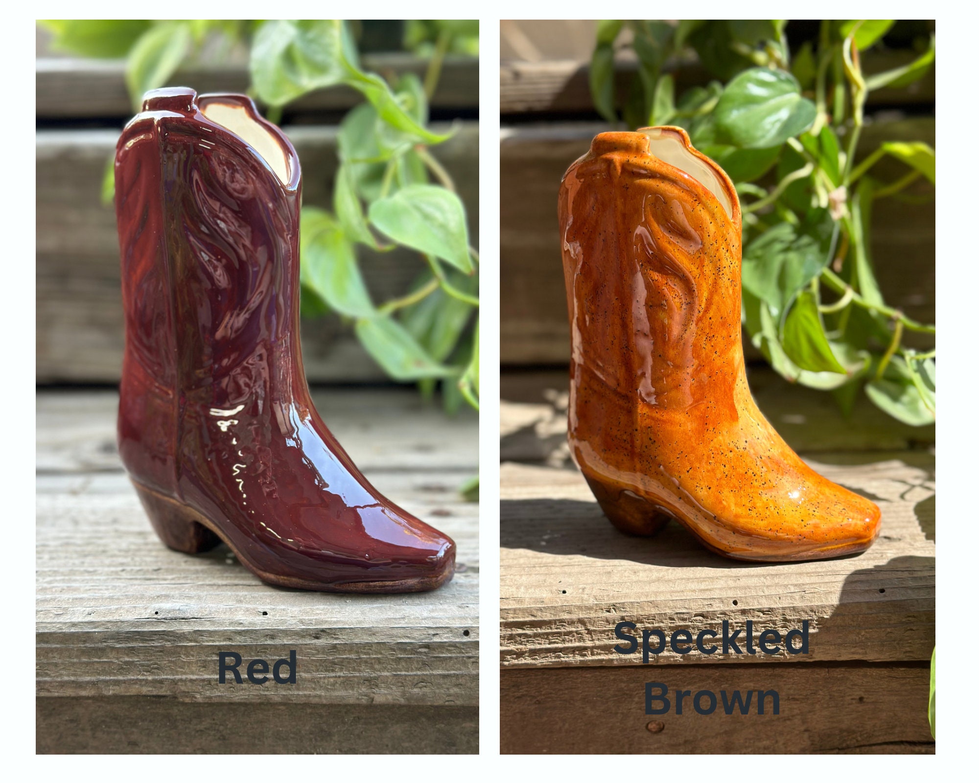 手描きの陶器製カウボーイブーツ花瓶：ボヘミアン風ウエスタン