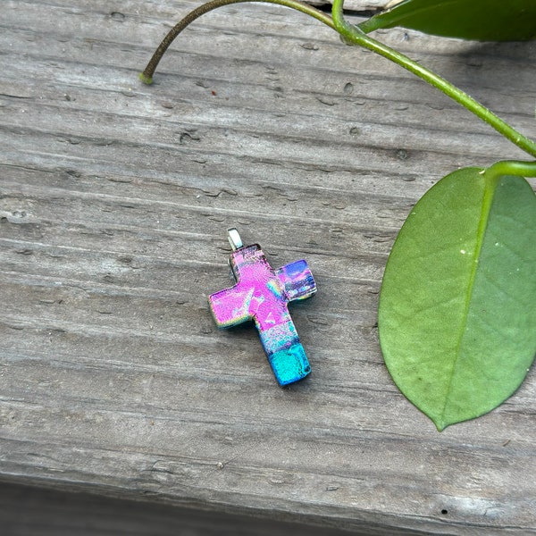 Fused Glass Dichroic Cross Pendant