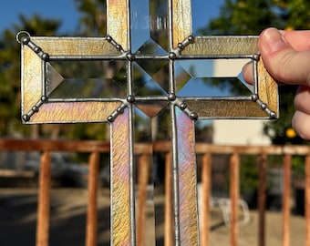 Stained Glass Cross with Beveled Glass Suncatcher | Easter Gift | Religious Gift | First Communion Gift