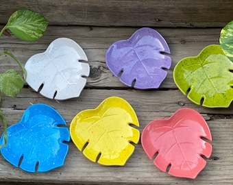 Hand Painted Ceramic Monstera Leaf Trinket Dish