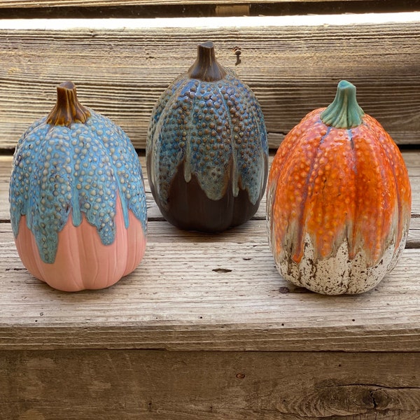 Hand Painted 8” Tall Beaded Stoneware Fall | Halloween Pumpkin