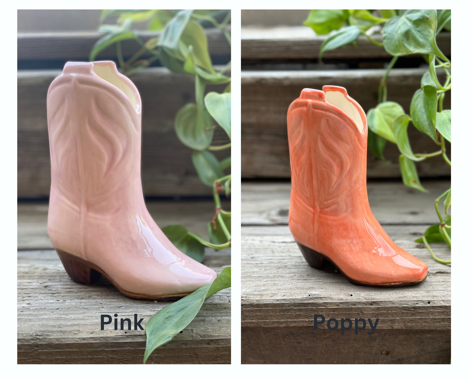 手描きの陶器製カウボーイブーツ花瓶：ボヘミアン風ウエスタン