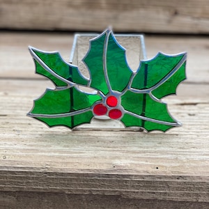 Holly and Red Berries Stained Glass Candle Votive Holder