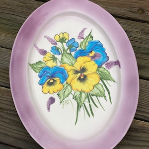 Plato de pensamientos pintado a mano / Tabla de embutidos de cerámica, decoración primaveral