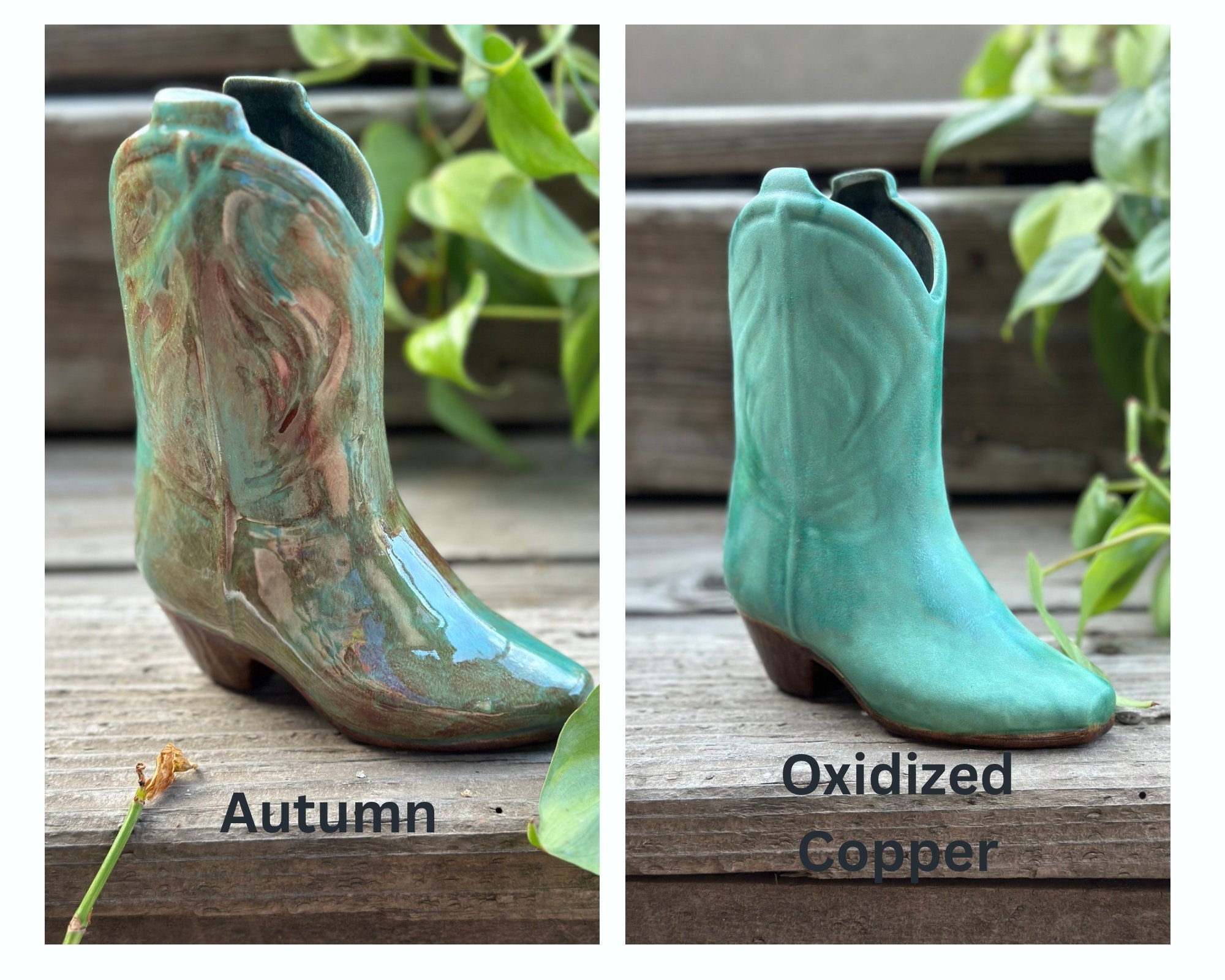 手描きの陶器製カウボーイブーツ花瓶：ボヘミアン風ウエスタン