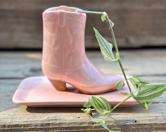 Mini 4.5” Hand Painted Ceramic Cowboy Boot Planter and Tray (Boot contains Drainage Holes)