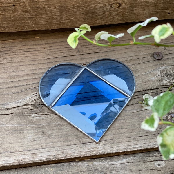 Large Bevel Stained Glass Blue Heart Suncatcher