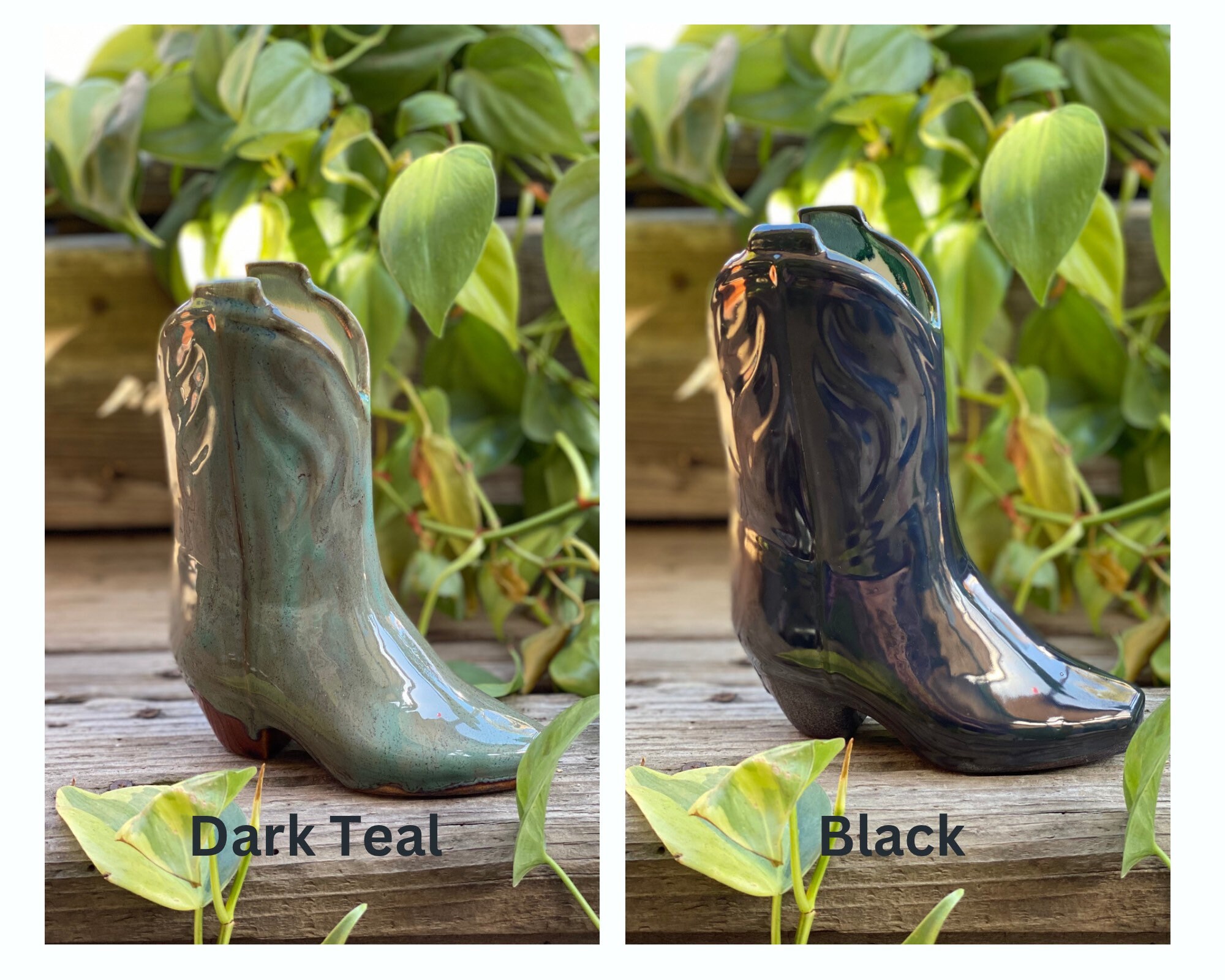 手描きの陶器製カウボーイブーツ花瓶：ボヘミアン風ウエスタン