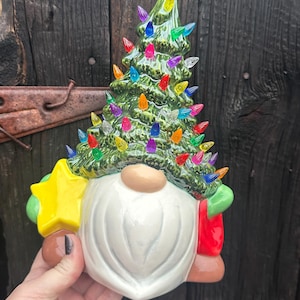 Light Up Ceramic Christmas Gnome: Holiday Tree Hat (9.5")