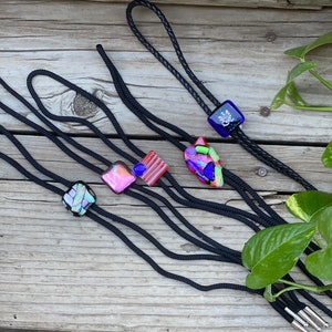 Fused Glass Bolo Tie | Unique Bolo Tie | Pink Bolo Tie | Glass Jewelry | Dichroic Glass Art | Abstract Bolo Tie Design | Glass Lariat