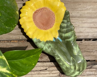 Reposacucharas de cerámica con forma de girasol pintado a mano / Decoración de cocina retro