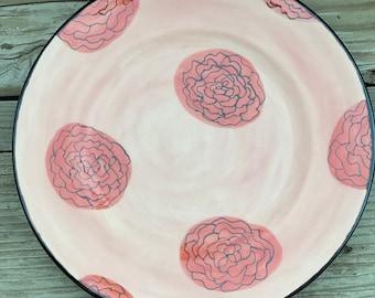 Hand Painted Pink Rose Stoneware Plate