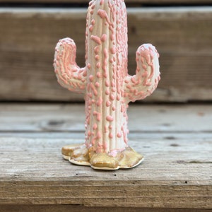 Hand Painted Ceramic Stoneware Cactus Garden Statue Pink and White