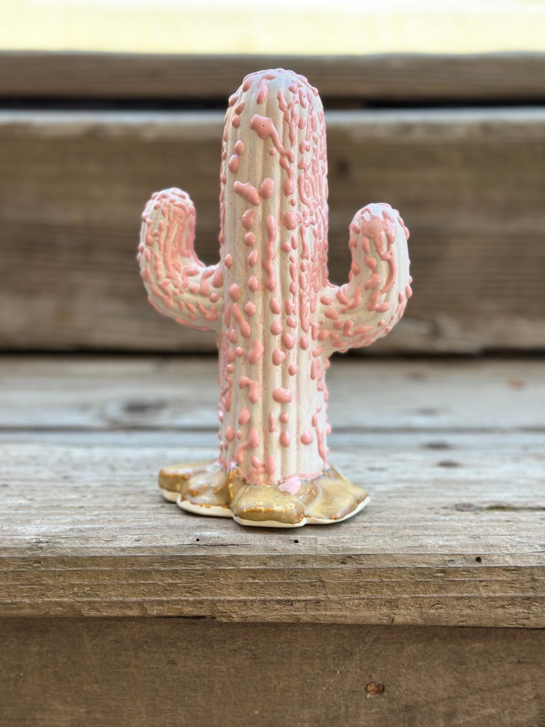 Hand Painted Ceramic Stoneware Cactus Garden Statue Pink and White