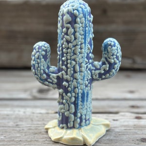 Hand Painted Ceramic Stoneware Cactus Garden Statue Green and Purple